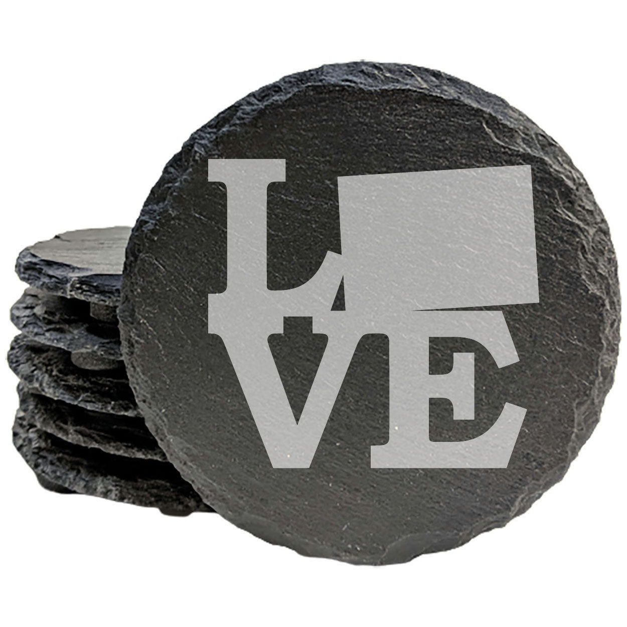 Rustic Slate Coasters Set of 4, Round 4" with 'LOVE' Colorado Design, Perfect for Holidays, Birthdays, Housewarming Gifts, She-Shed or Man Cave, Made in Oregon, USA, Natural Chipped Edge
