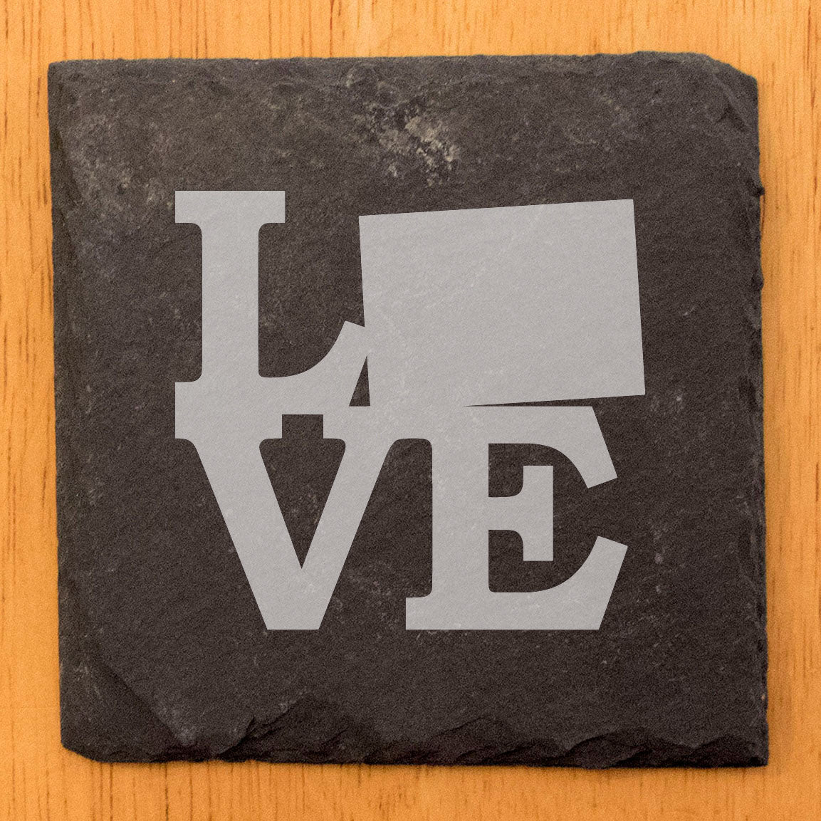 Rustic Slate Coasters Set of 4, Round 4" with 'LOVE' Colorado Design, Perfect for Holidays, Birthdays, Housewarming Gifts, She-Shed or Man Cave, Made in Oregon, USA, Natural Chipped Edge
