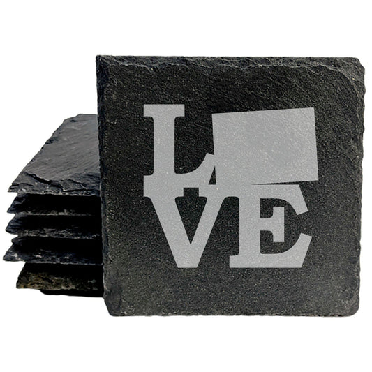 Rustic Slate Coasters Set of 4, Round 4" with 'LOVE' Colorado Design, Perfect for Holidays, Birthdays, Housewarming Gifts, She-Shed or Man Cave, Made in Oregon, USA, Natural Chipped Edge
