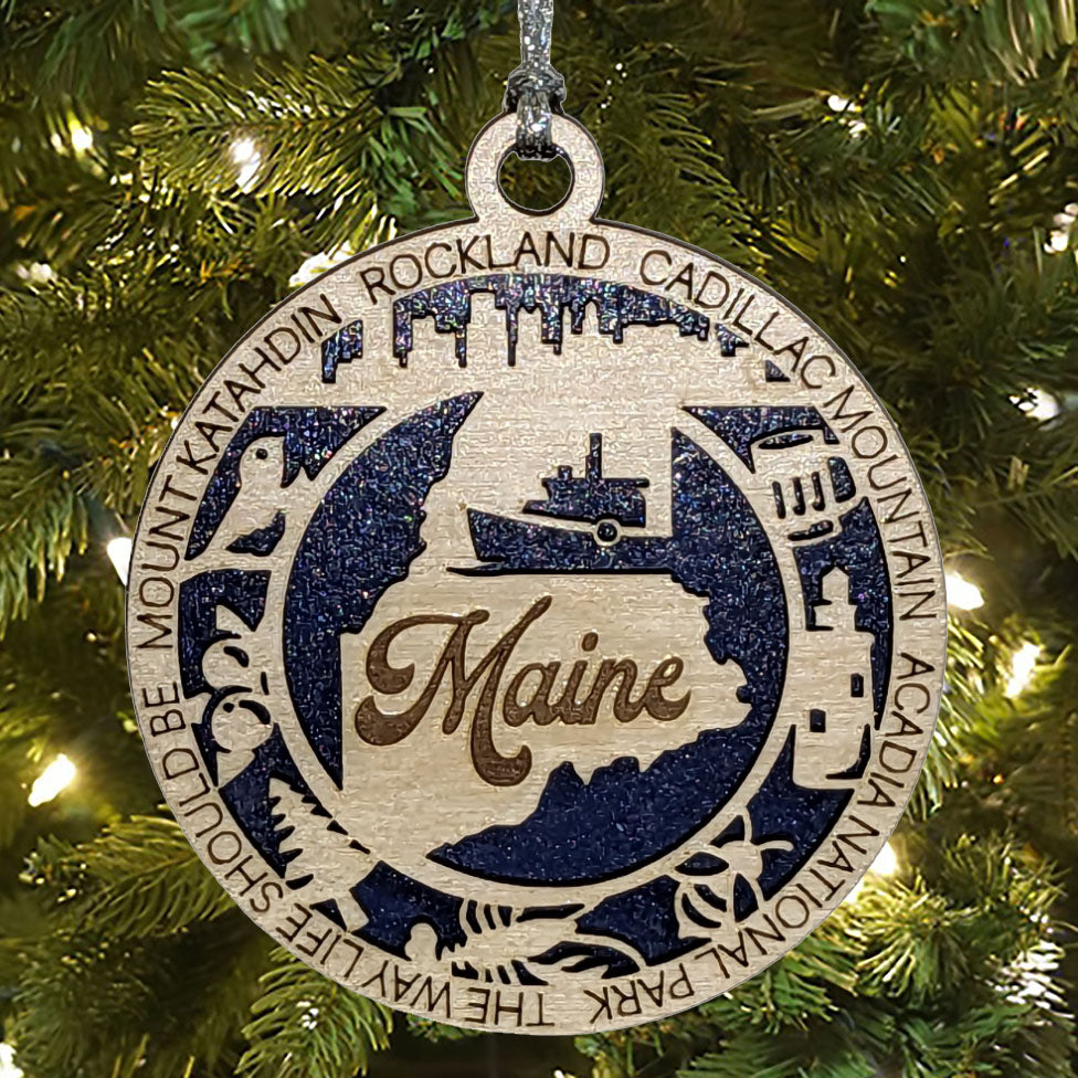 Maine State Pride 3D Wood Laser Cut Ornament: Featuring Iconic Maine Symbols and Custom Background Colors