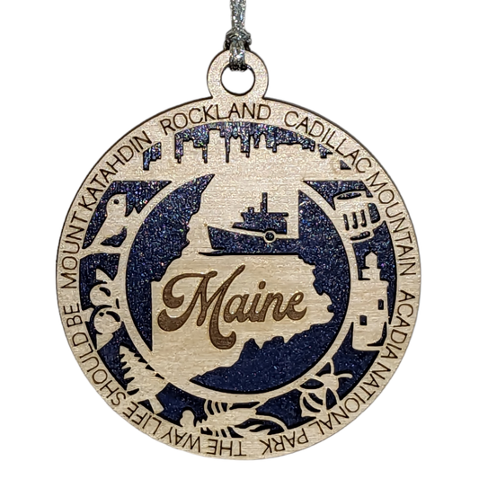 Maine State Pride 3D Wood Laser Cut Ornament: Featuring Iconic Maine Symbols and Custom Background Colors