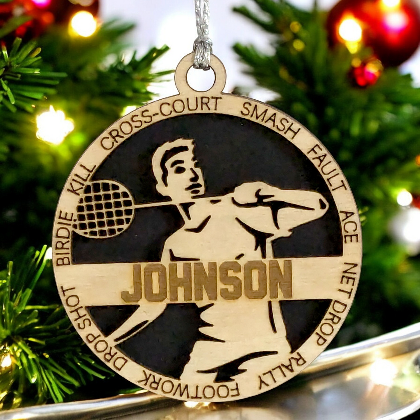 Personalized 3" Handcrafted Male Badminton Christmas Ornament - Laser Cut Wooden Holiday Decoration for Badminton Enthusiasts