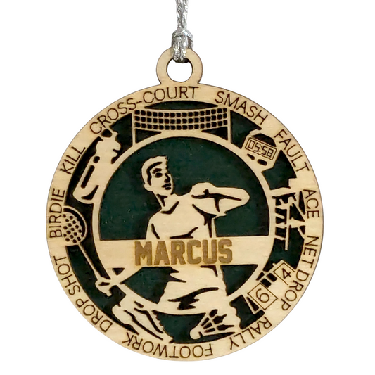Personalized 3" Handcrafted Male Badminton Christmas Ornament - Laser Cut Wooden Holiday Decoration for Badminton Enthusiasts