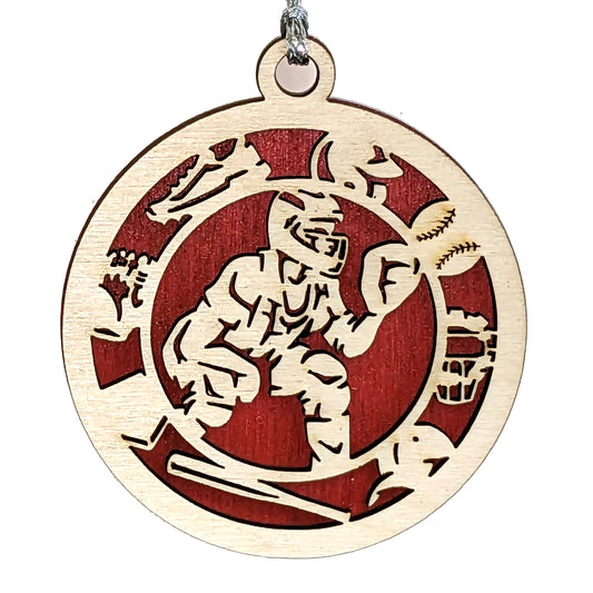 Male baseball/softball catcher laser cut wood ornament
