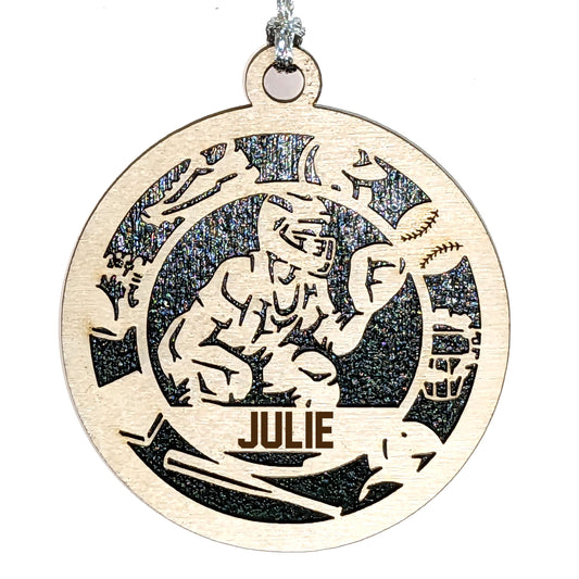 Male baseball/softball catcher laser cut personalized wood ornament