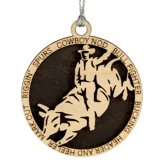Bull riding Christmas ornament, 3" handcrafted wooden, personalized, male rider, rodeo decoration, holiday decor, western theme, cowboy Xmas, custom gift