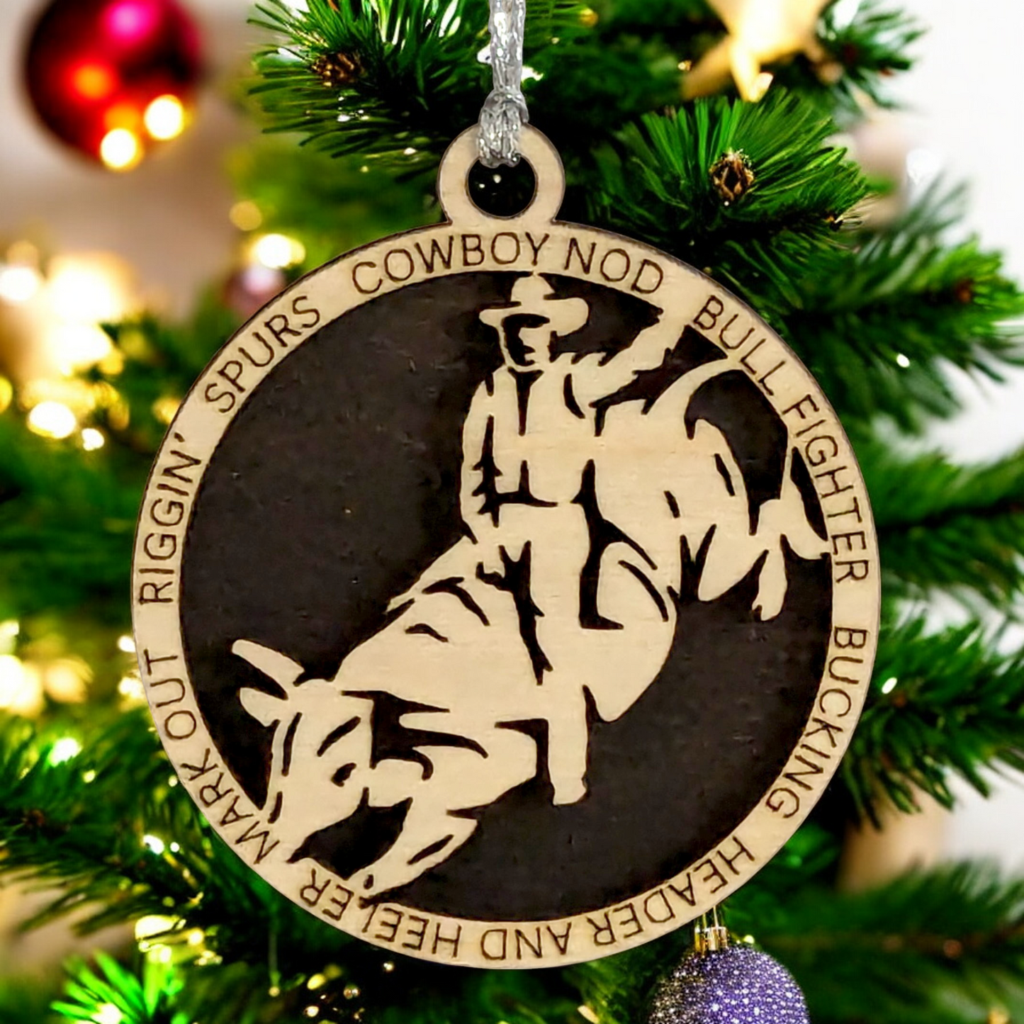 Bull riding Christmas ornament, 3" handcrafted wooden, personalized, male rider, rodeo decoration, holiday decor, western theme, cowboy Xmas, custom gift