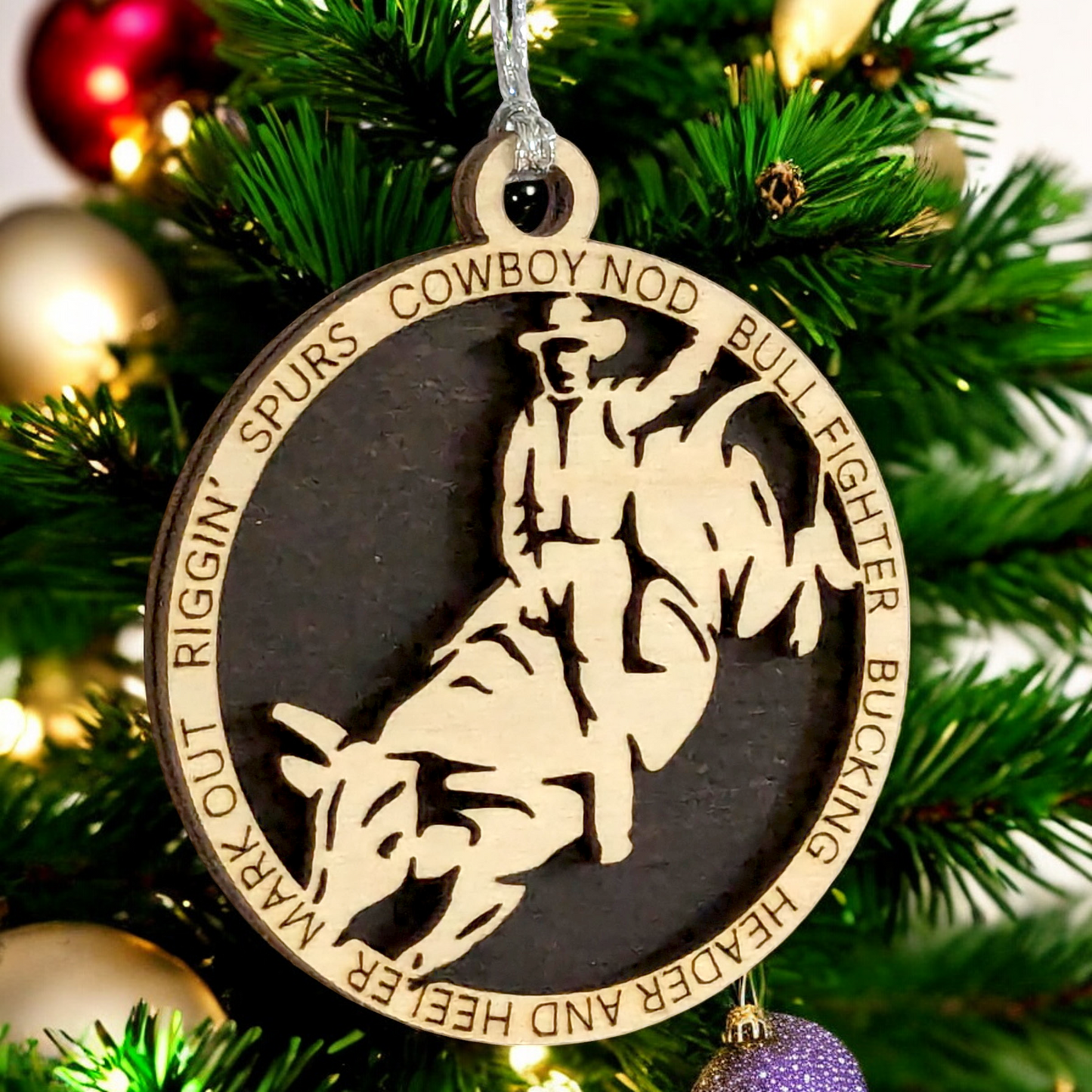 Bull riding Christmas ornament, 3" handcrafted wooden, personalized, male rider, rodeo decoration, holiday decor, western theme, cowboy Xmas, custom gift