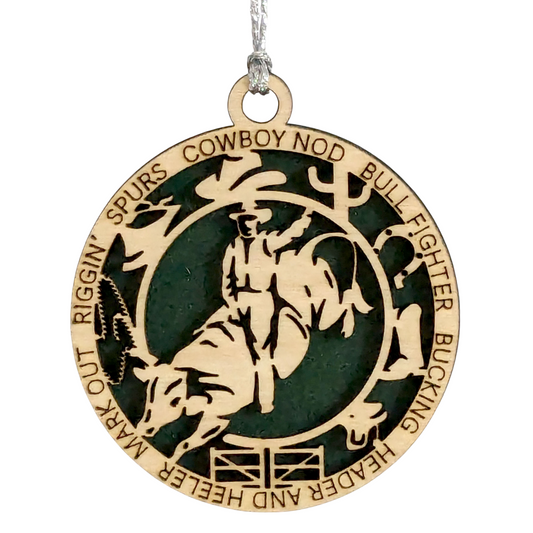 Bull riding Christmas ornament, 3" handcrafted wooden, personalized, male rider, rodeo decoration, holiday decor, western theme, cowboy Xmas, custom gift