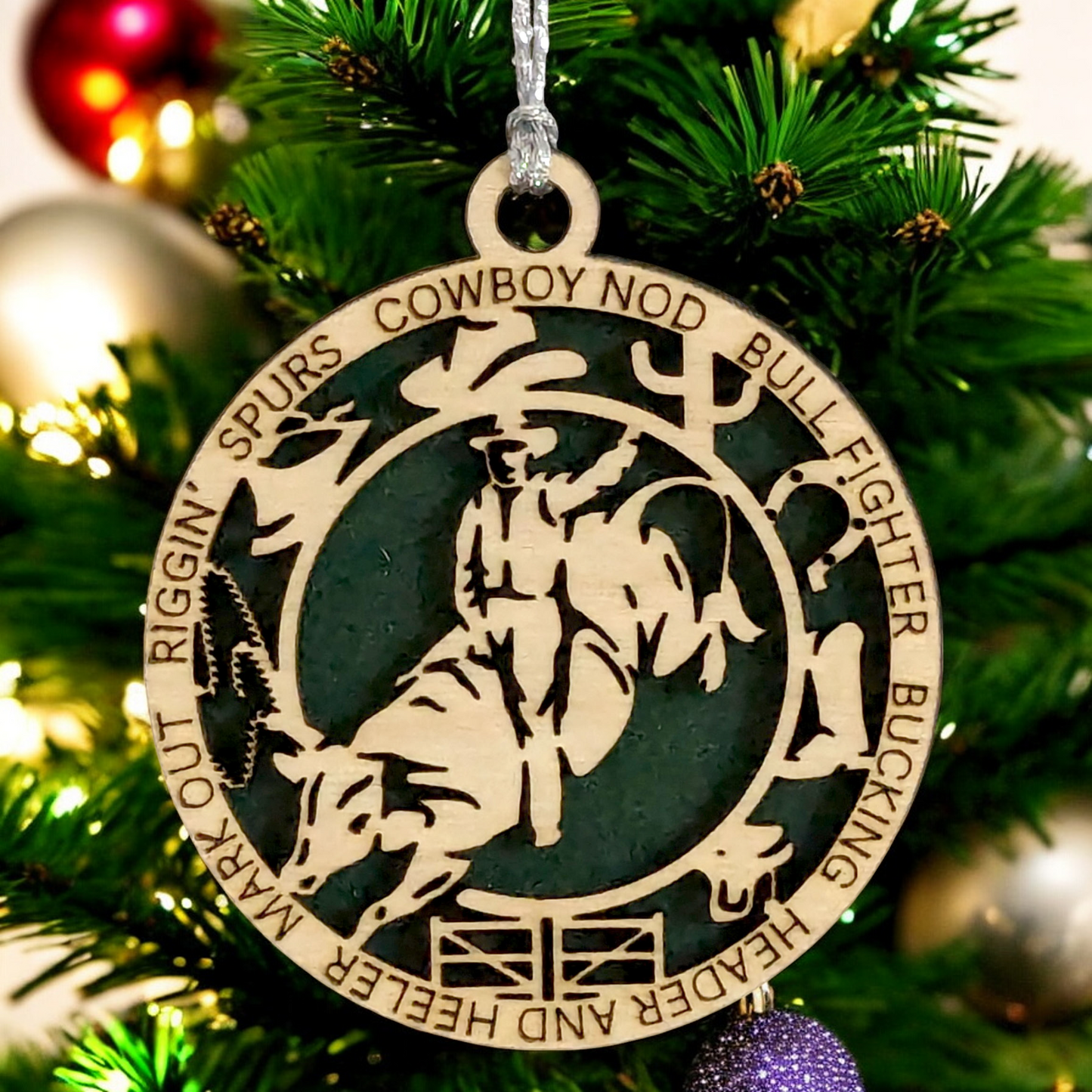 Bull riding Christmas ornament, 3" handcrafted wooden, personalized, male rider, rodeo decoration, holiday decor, western theme, cowboy Xmas, custom gift