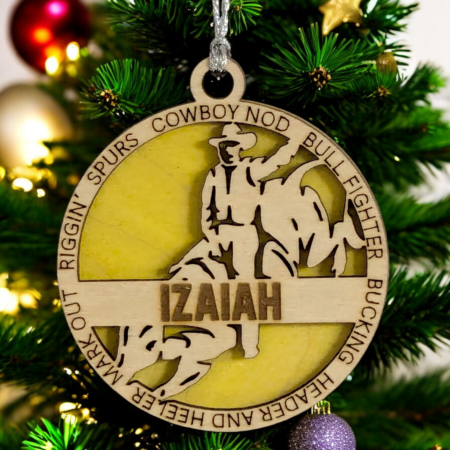 Bull riding Christmas ornament, 3" handcrafted wooden, personalized, male rider, rodeo decoration, holiday decor, western theme, cowboy Xmas, custom gift