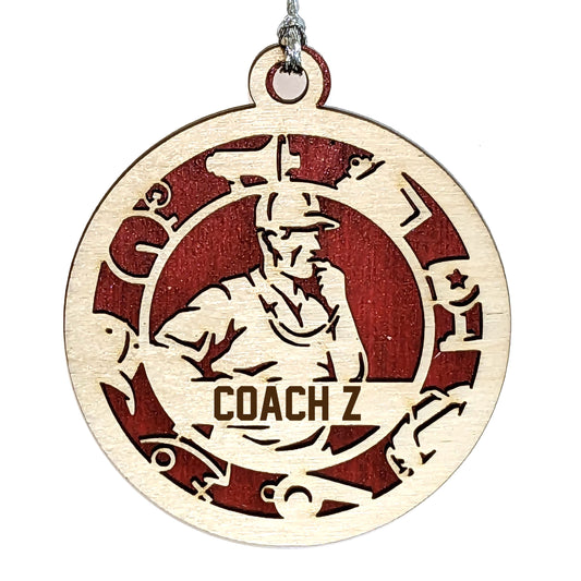 Male Coach laser cut personalized wood ornament