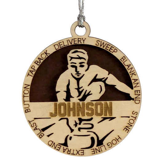 3" Handcrafted Wooden Personalized Male Curling Christmas Ornament - Custom Winter Sports Holiday Decor