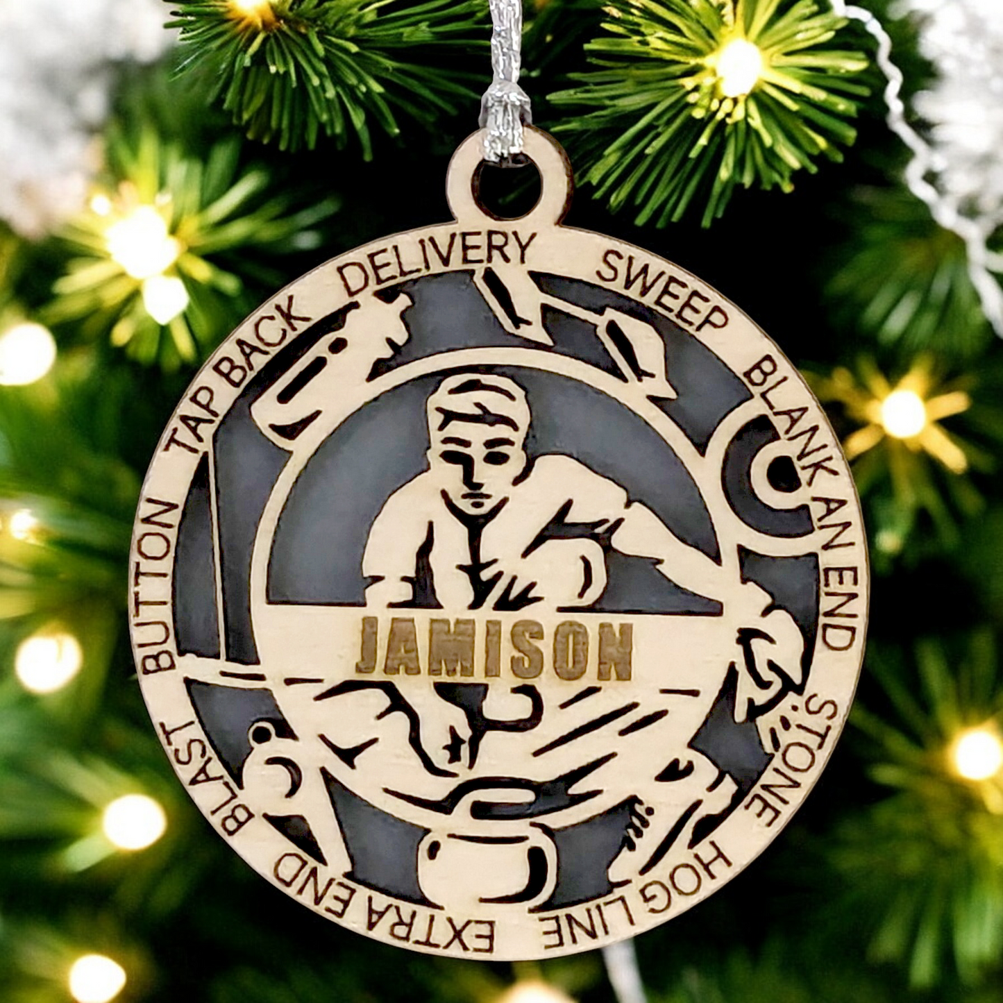 3" Handcrafted Wooden Personalized Male Curling Christmas Ornament - Custom Winter Sports Holiday Decor