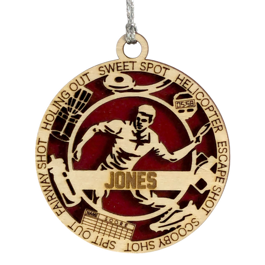3" Handcrafted Wooden Personalized Left-Handed Male Disc Golf Christmas Ornament - Custom Disc Golfer Holiday Decor