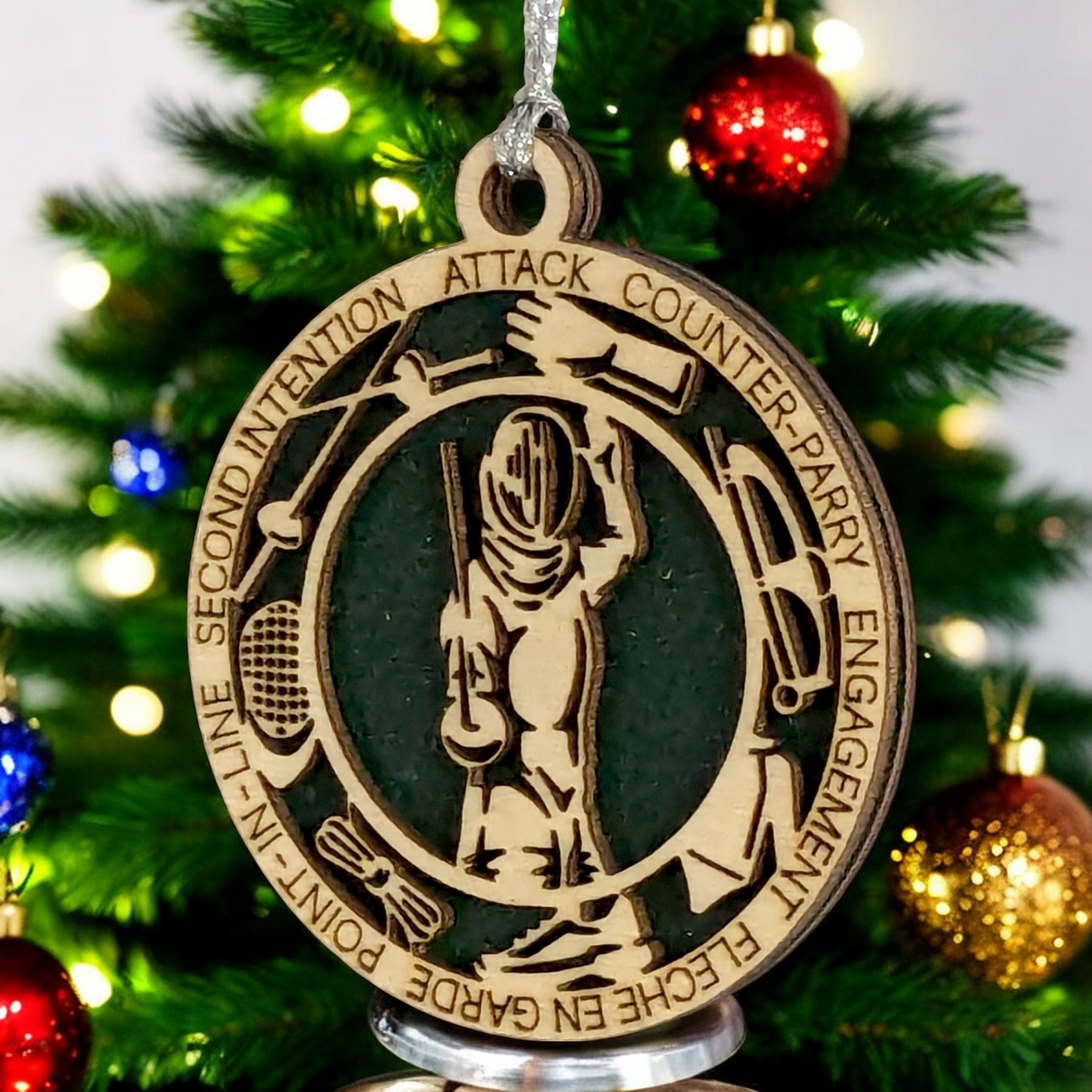 3-Inch Laser Cut Handcrafted Wooden Personalized Male Fencing Christmas Ornament - Customizable Keepsake for Fencing Enthusiasts - Unique Holiday Tree Decoration and Gift for Men and Sports Lovers