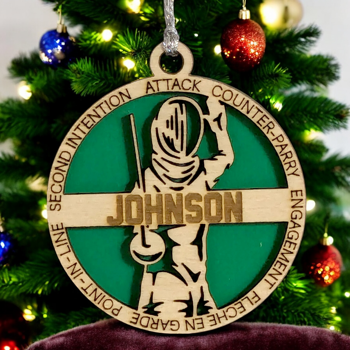 3-Inch Laser Cut Handcrafted Wooden Personalized Male Fencing Christmas Ornament - Customizable Keepsake for Fencing Enthusiasts - Unique Holiday Tree Decoration and Gift for Men and Sports Lovers