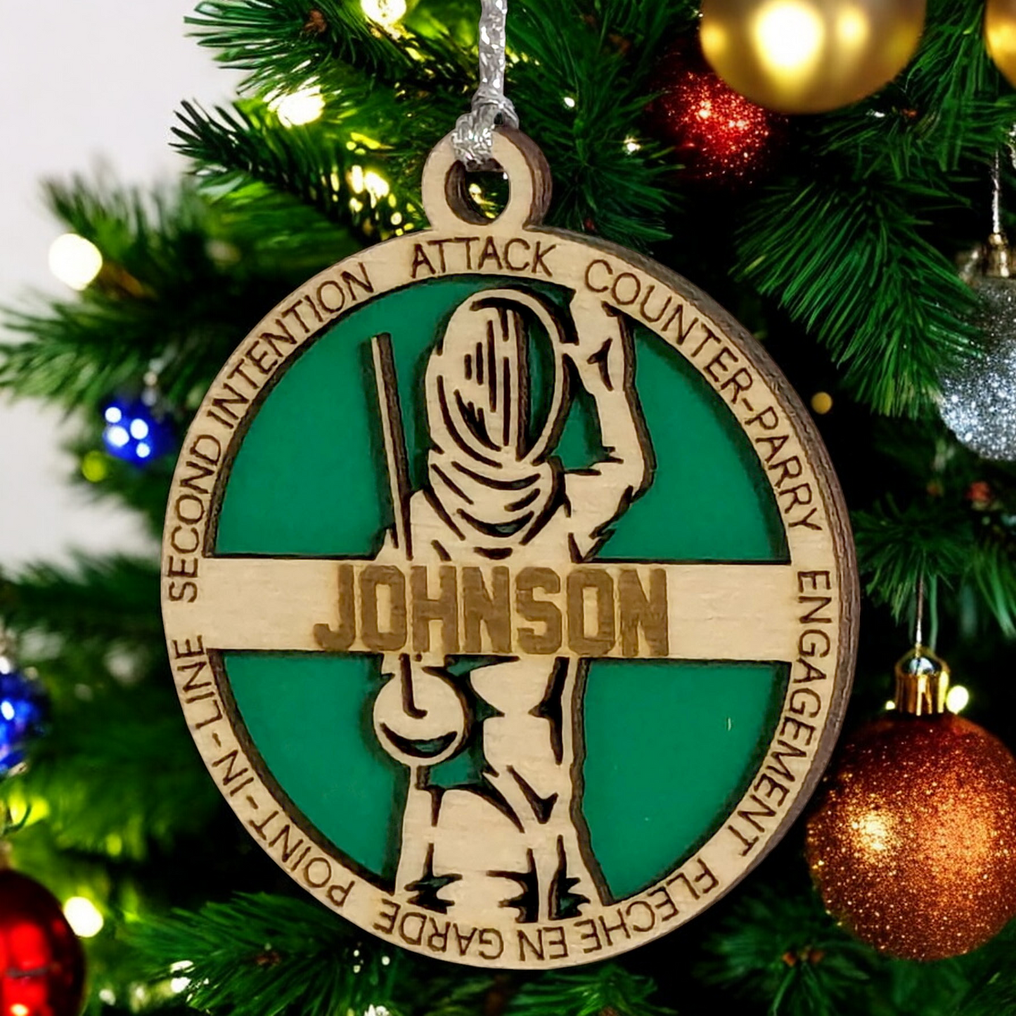 3-Inch Laser Cut Handcrafted Wooden Personalized Male Fencing Christmas Ornament - Customizable Keepsake for Fencing Enthusiasts - Unique Holiday Tree Decoration and Gift for Men and Sports Lovers