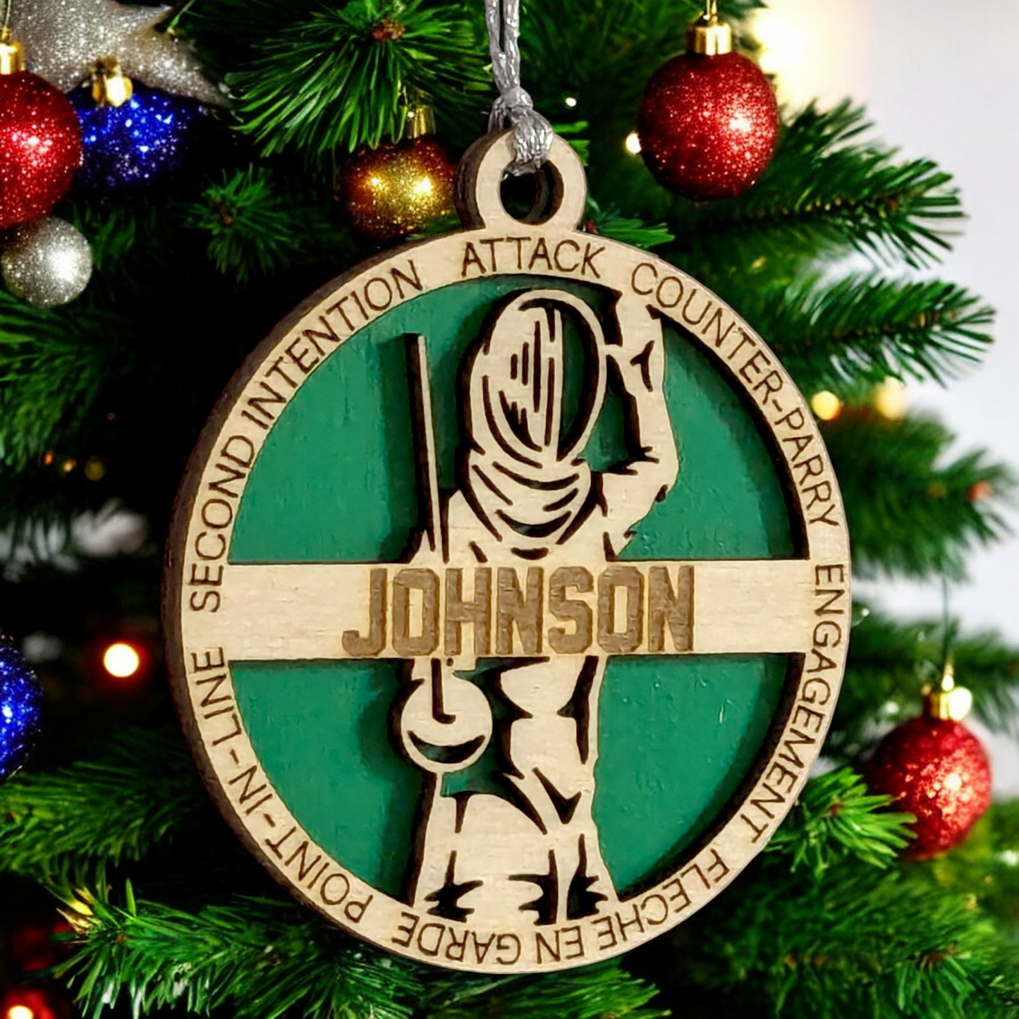 3-Inch Laser Cut Handcrafted Wooden Personalized Male Fencing Christmas Ornament - Customizable Keepsake for Fencing Enthusiasts - Unique Holiday Tree Decoration and Gift for Men and Sports Lovers