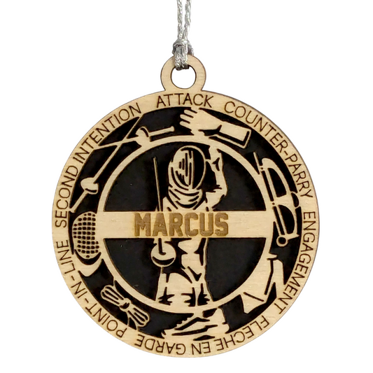 3-Inch Laser Cut Handcrafted Wooden Personalized Male Fencing Christmas Ornament - Customizable Keepsake for Fencing Enthusiasts - Unique Holiday Tree Decoration and Gift for Men and Sports Lovers