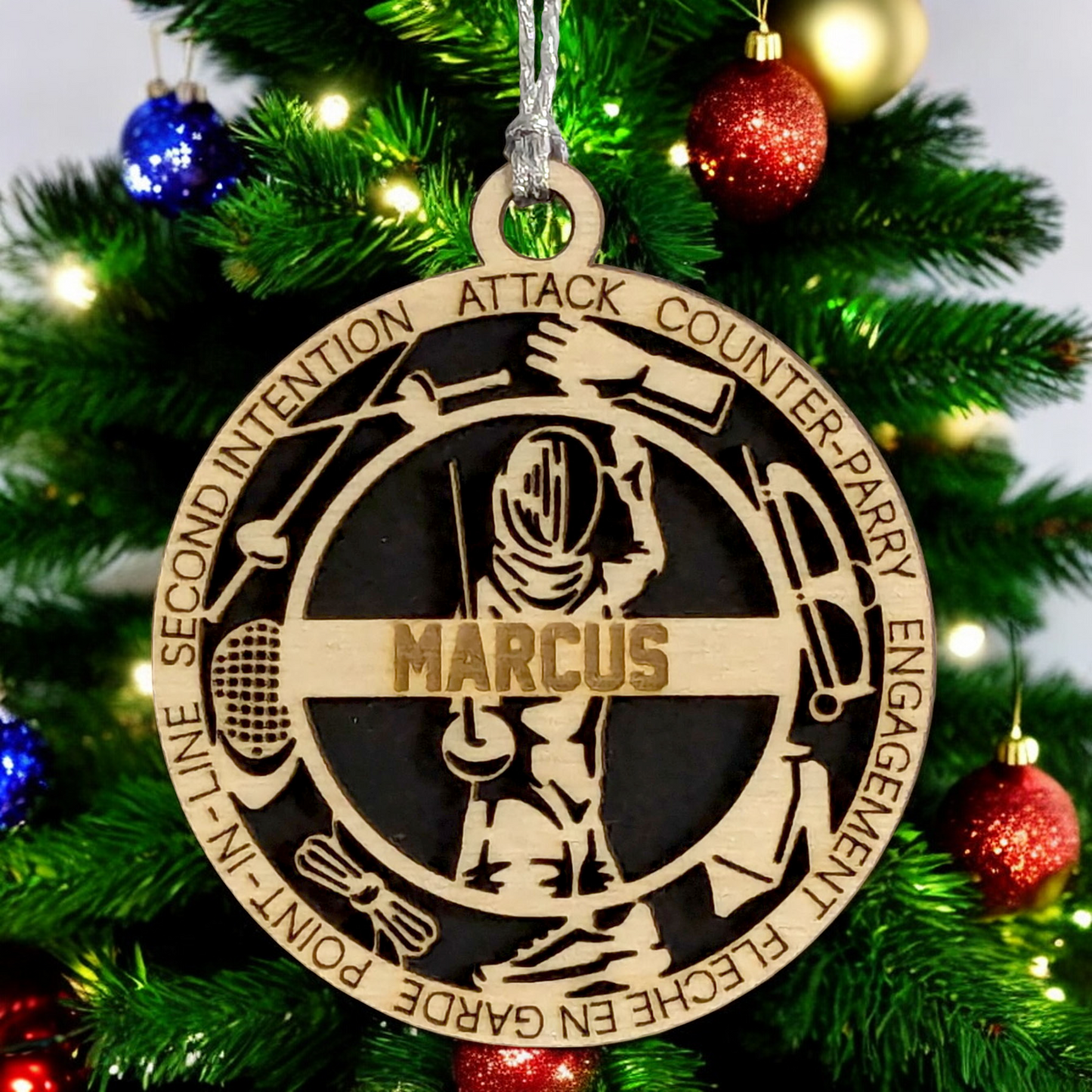 3-Inch Laser Cut Handcrafted Wooden Personalized Male Fencing Christmas Ornament - Customizable Keepsake for Fencing Enthusiasts - Unique Holiday Tree Decoration and Gift for Men and Sports Lovers