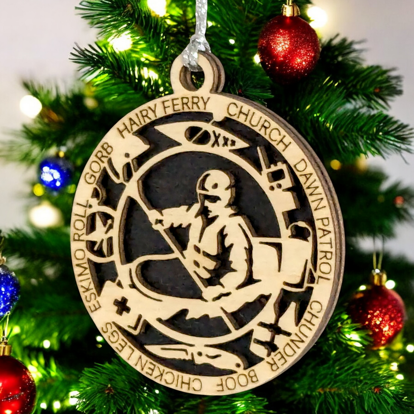 3" Laser Cut Handcrafted Wooden Personalized Male Kayaking Christmas Ornament - Customizable Holiday Gift for Kayakers - Unique Kayak Themed Decorative Ornament for Men - Rustic Wood Keepsake