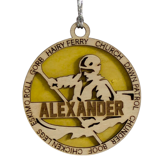 3" Laser Cut Handcrafted Wooden Personalized Male Kayaking Christmas Ornament - Customizable Holiday Gift for Kayakers - Unique Kayak Themed Decorative Ornament for Men - Rustic Wood Keepsake