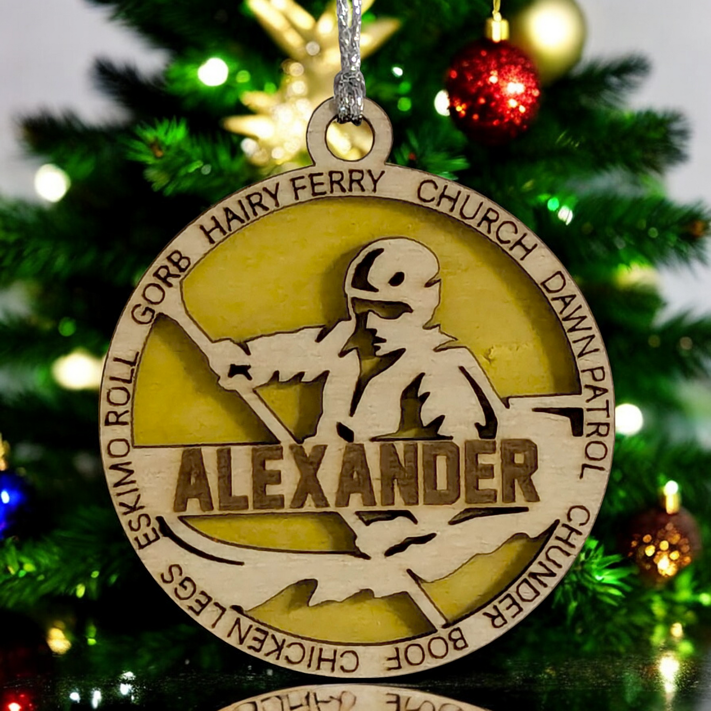 3" Laser Cut Handcrafted Wooden Personalized Male Kayaking Christmas Ornament - Customizable Holiday Gift for Kayakers - Unique Kayak Themed Decorative Ornament for Men - Rustic Wood Keepsake