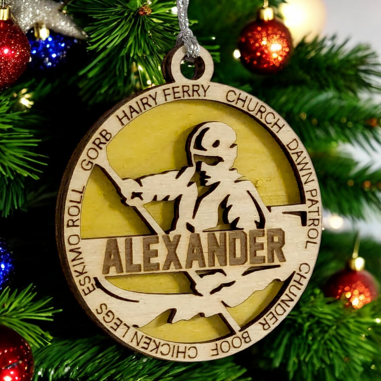 3" Laser Cut Handcrafted Wooden Personalized Male Kayaking Christmas Ornament - Customizable Holiday Gift for Kayakers - Unique Kayak Themed Decorative Ornament for Men - Rustic Wood Keepsake