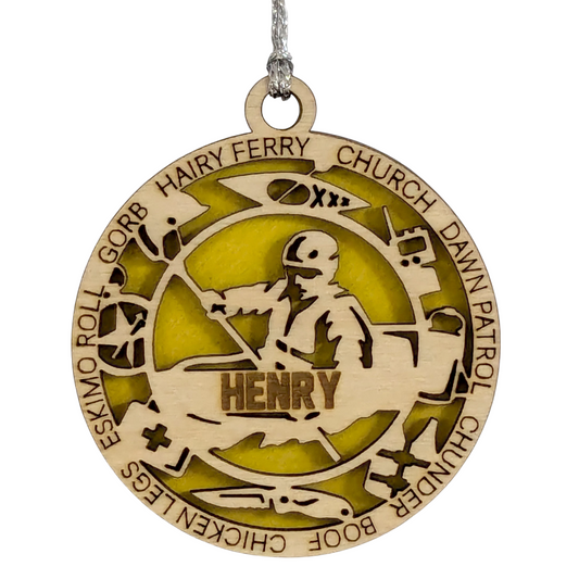 3" Laser Cut Handcrafted Wooden Personalized Male Kayaking Christmas Ornament - Customizable Holiday Gift for Kayakers - Unique Kayak Themed Decorative Ornament for Men - Rustic Wood Keepsake