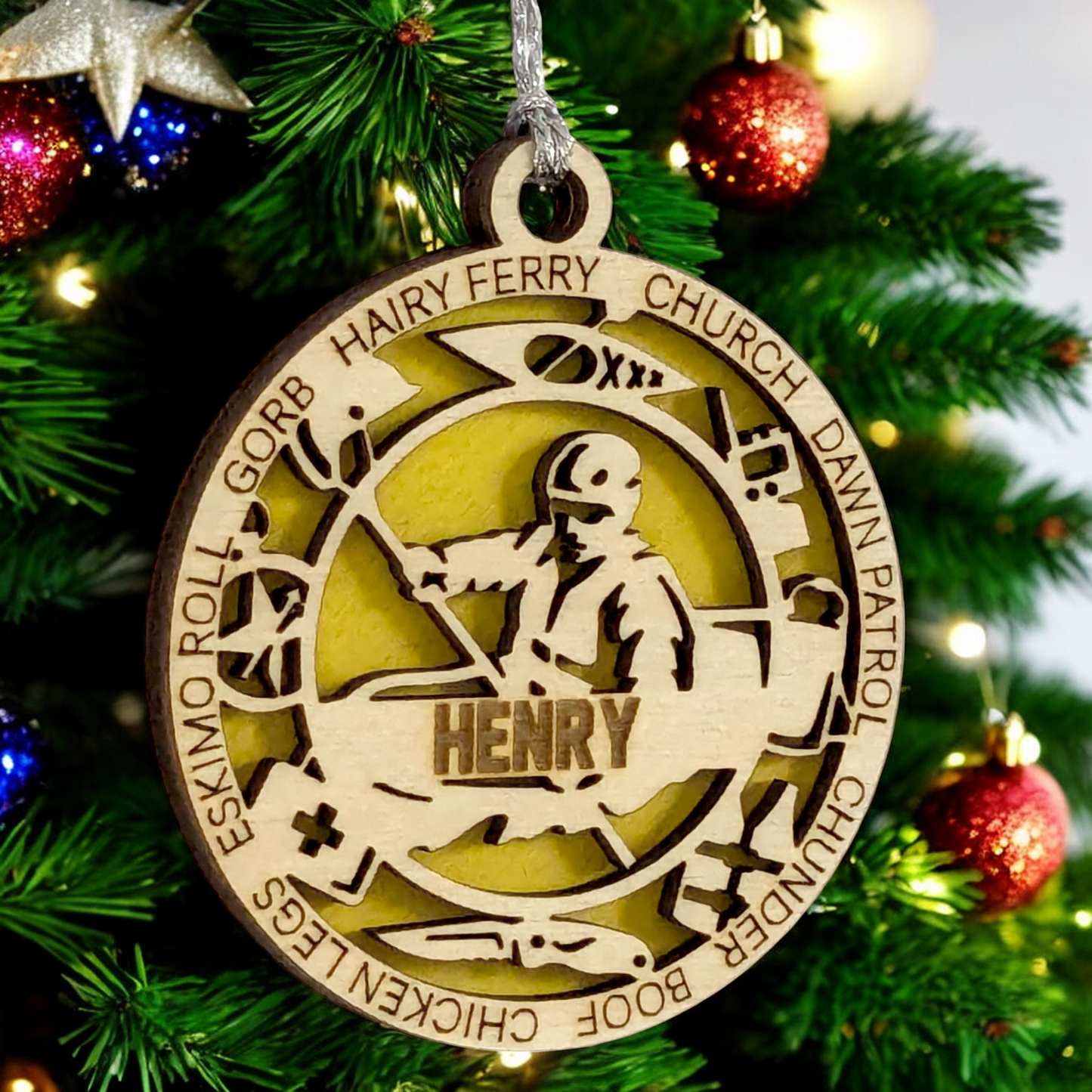 3" Laser Cut Handcrafted Wooden Personalized Male Kayaking Christmas Ornament - Customizable Holiday Gift for Kayakers - Unique Kayak Themed Decorative Ornament for Men - Rustic Wood Keepsake