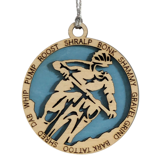 Handcrafted 3" Wooden Personalized Male Mountain Biking Christmas Ornament - Customizable Holiday Decor for Cyclists, Ideal Gift for Mountain Bike Enthusiasts, Rustic Charm, Durable Design