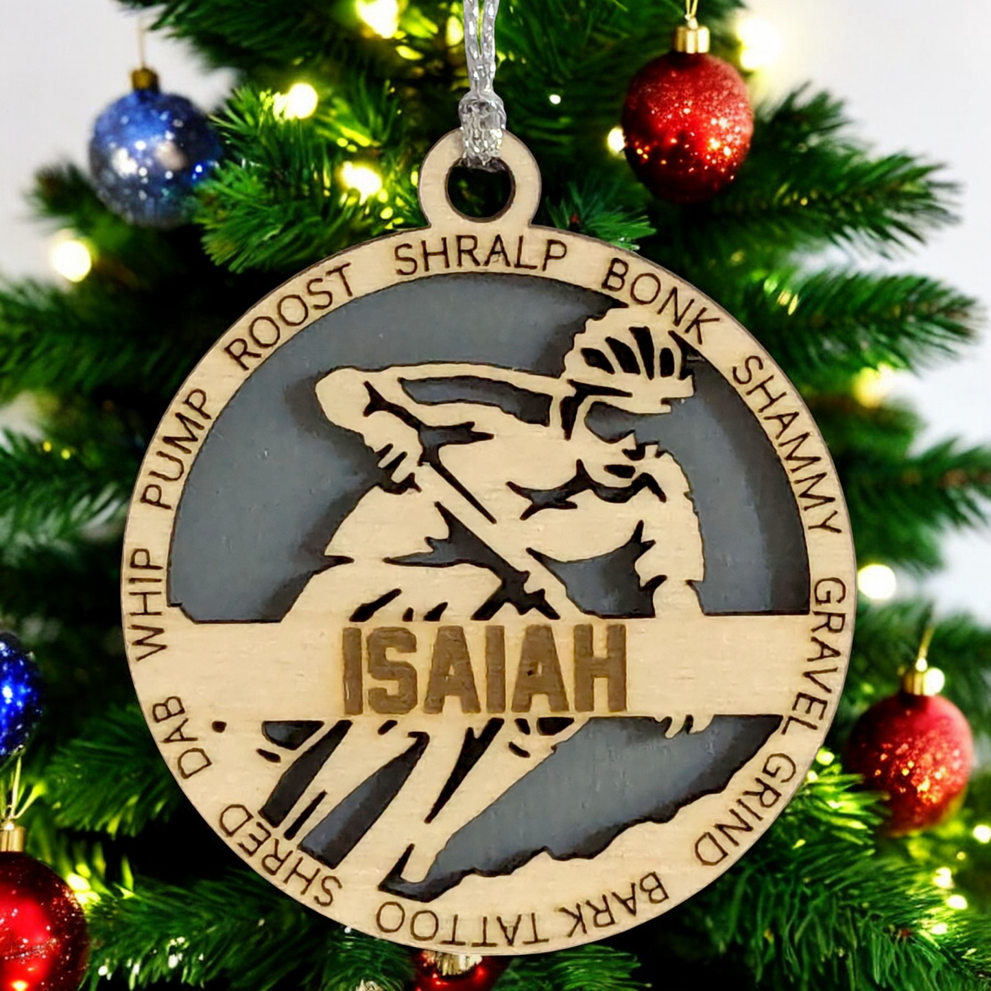 Handcrafted 3" Wooden Personalized Male Mountain Biking Christmas Ornament - Customizable Holiday Decor for Cyclists, Ideal Gift for Mountain Bike Enthusiasts, Rustic Charm, Durable Design