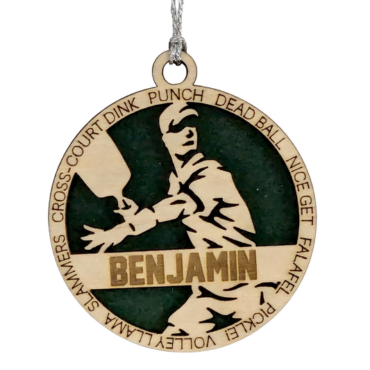 3" Handcrafted Wooden Personalized Male Pickleball Christmas Ornament - Custom Racket Sports Holiday Decor