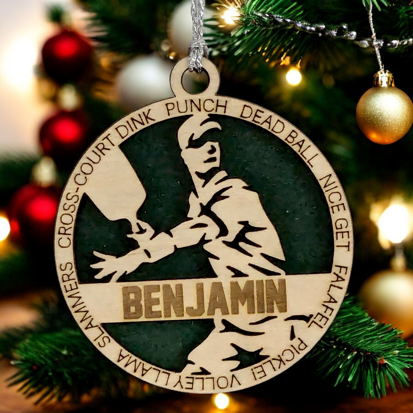 3" Handcrafted Wooden Personalized Male Pickleball Christmas Ornament - Custom Racket Sports Holiday Decor