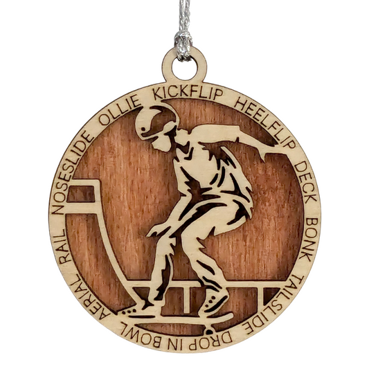 Customizable 3-Inch Handcrafted Wooden Male Skateboarding Christmas Ornament - Unique Personalized Gift for Skateboard Enthusiasts - Festive Holiday Decor and Keepsake - Laser Cut Wood Design