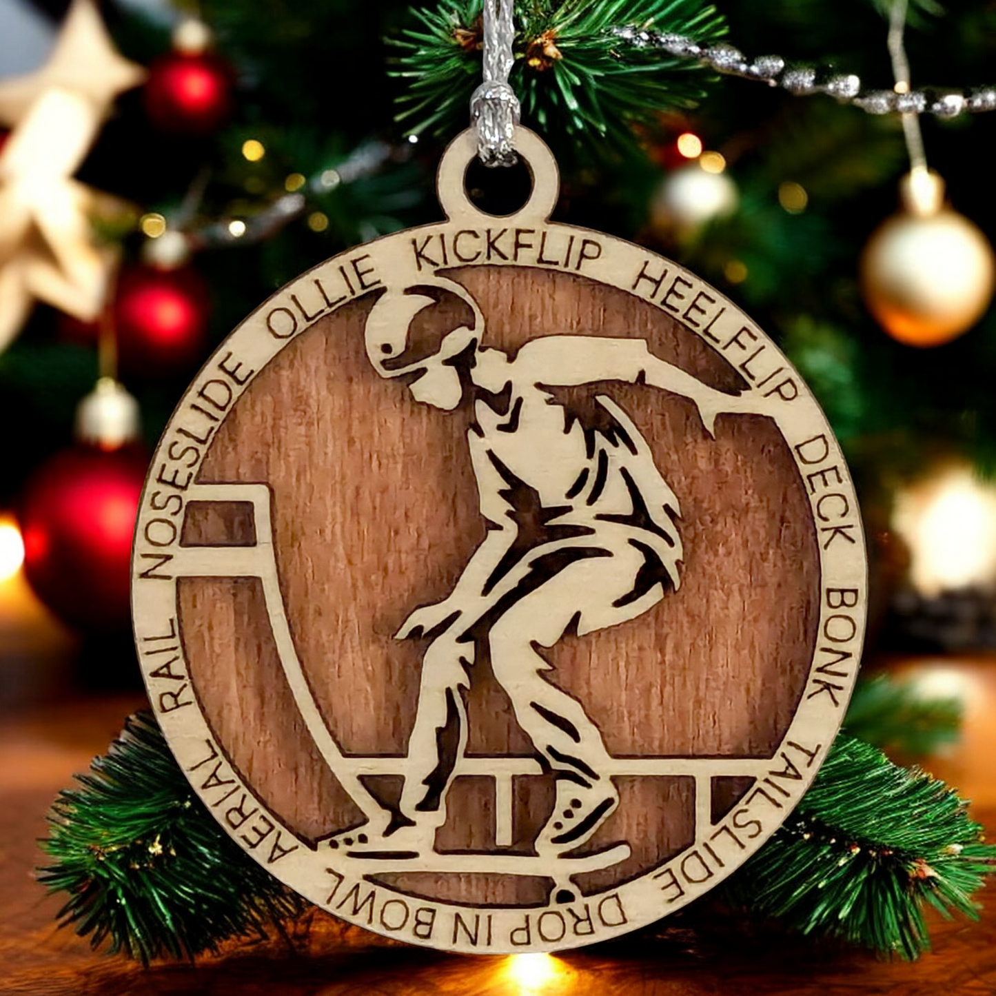 Customizable 3-Inch Handcrafted Wooden Male Skateboarding Christmas Ornament - Unique Personalized Gift for Skateboard Enthusiasts - Festive Holiday Decor and Keepsake - Laser Cut Wood Design