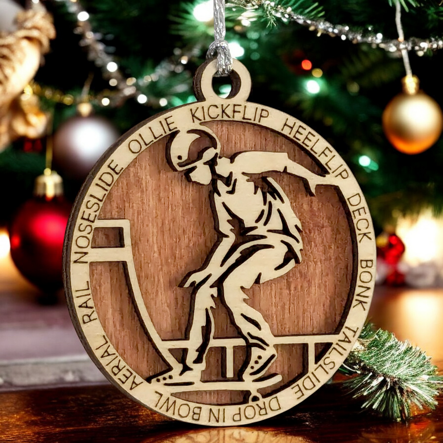 Customizable 3-Inch Handcrafted Wooden Male Skateboarding Christmas Ornament - Unique Personalized Gift for Skateboard Enthusiasts - Festive Holiday Decor and Keepsake - Laser Cut Wood Design
