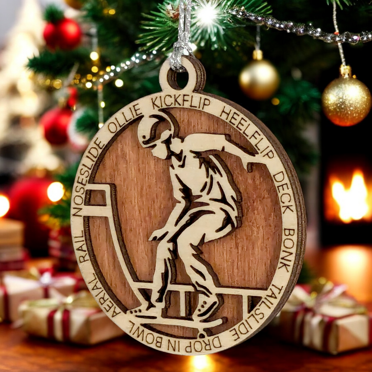 Customizable 3-Inch Handcrafted Wooden Male Skateboarding Christmas Ornament - Unique Personalized Gift for Skateboard Enthusiasts - Festive Holiday Decor and Keepsake - Laser Cut Wood Design