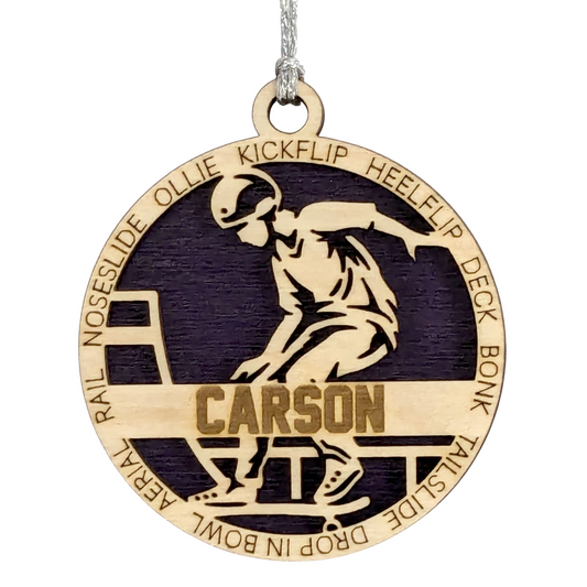 Customizable 3-Inch Handcrafted Wooden Male Skateboarding Christmas Ornament - Unique Personalized Gift for Skateboard Enthusiasts - Festive Holiday Decor and Keepsake - Laser Cut Wood Design