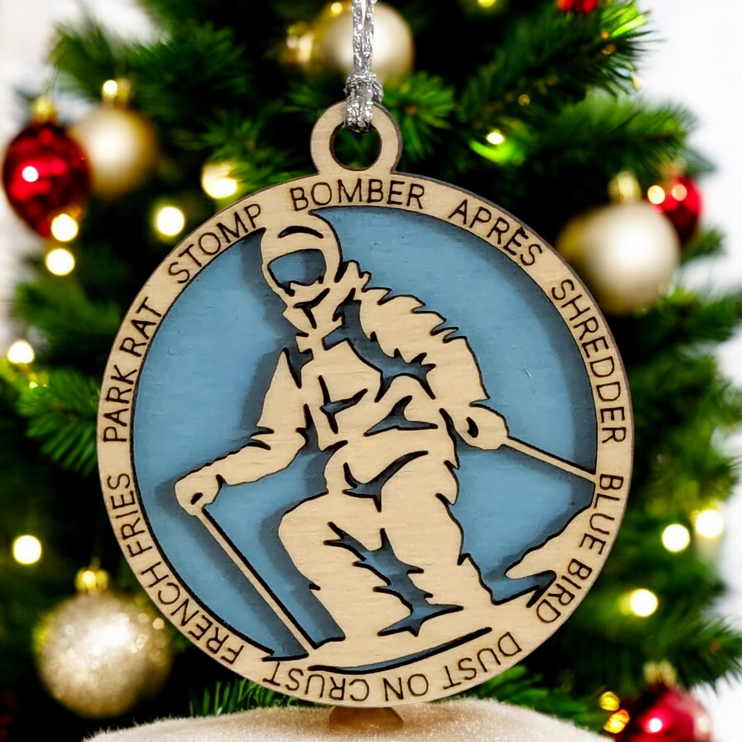 3" Handcrafted Wooden Personalized Male Skiing Shooting Christmas Ornament - Custom Winter Sports Holiday Decor