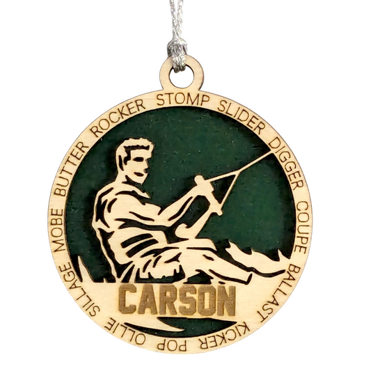 Personalized Male Wakeboarding Christmas Ornament - 3" Laser Cut Handcrafted Wooden Holiday Decor - Customizable Wakeboarder Xmas Tree Decoration - Unique Gift for Wakeboard Enthusiasts