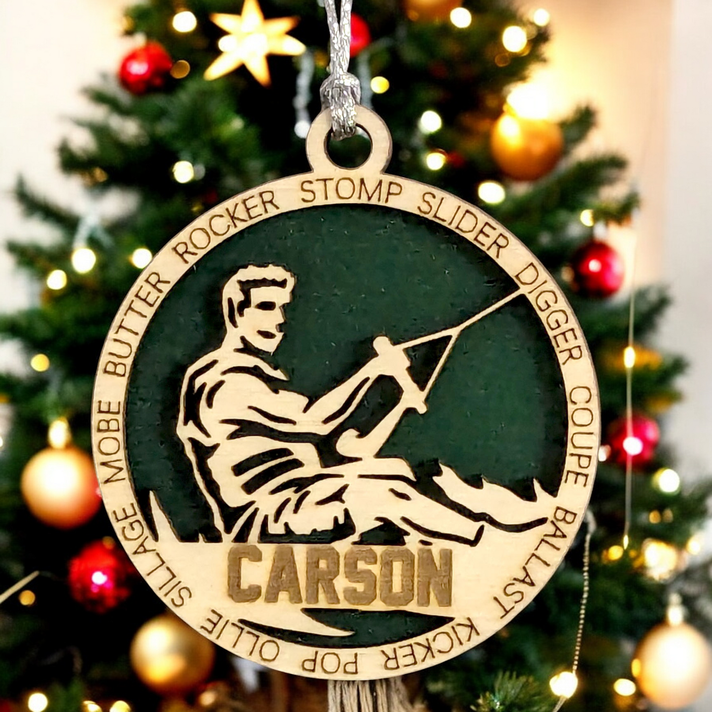 Personalized Male Wakeboarding Christmas Ornament - 3" Laser Cut Handcrafted Wooden Holiday Decor - Customizable Wakeboarder Xmas Tree Decoration - Unique Gift for Wakeboard Enthusiasts