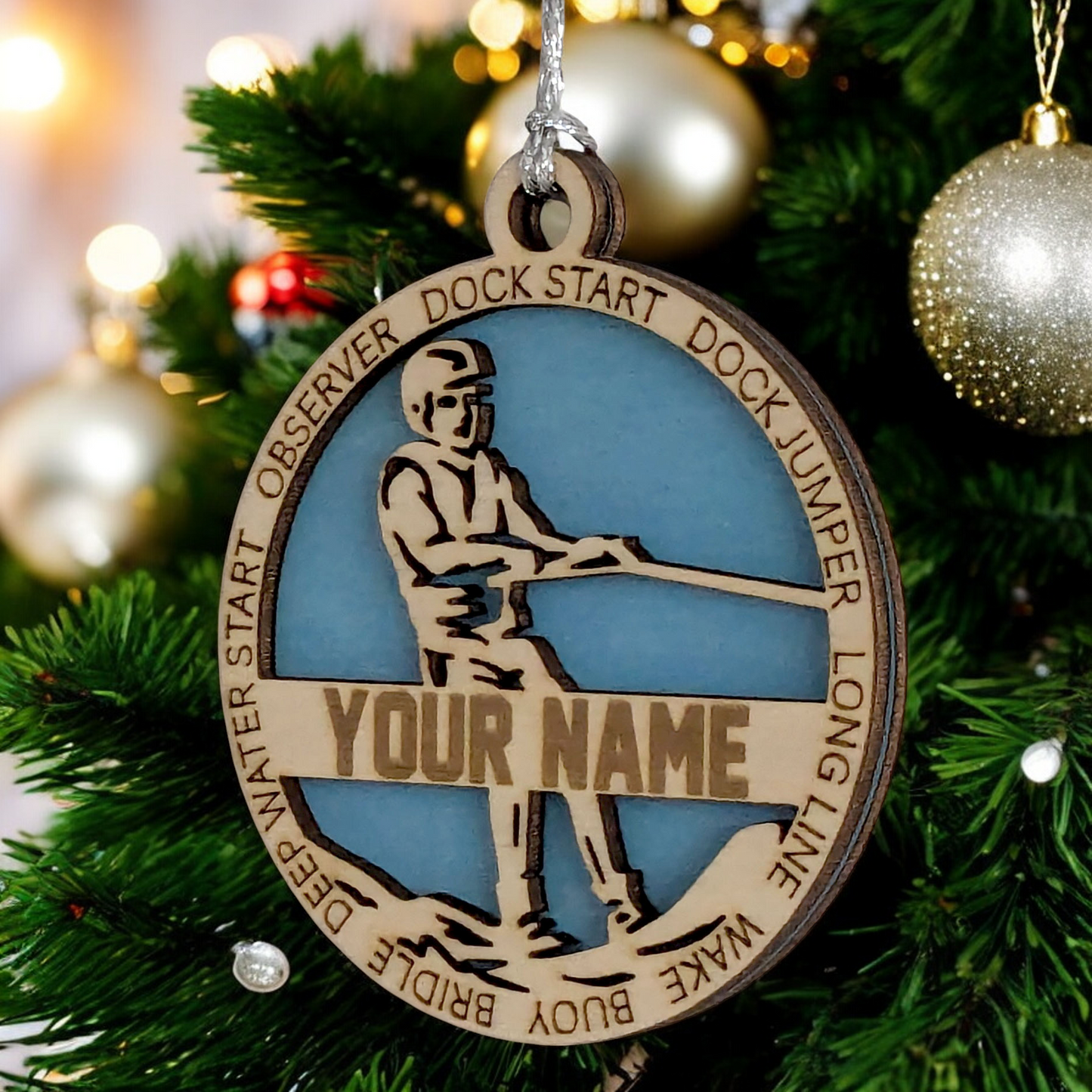 3-Inch Personalized Male Water Skiing Christmas Ornament - Handcrafted Wooden Water Skier Holiday Decoration - Customizable Holiday Keepsake for Water Sports Enthusiasts - Unique Christmas Tree Decor