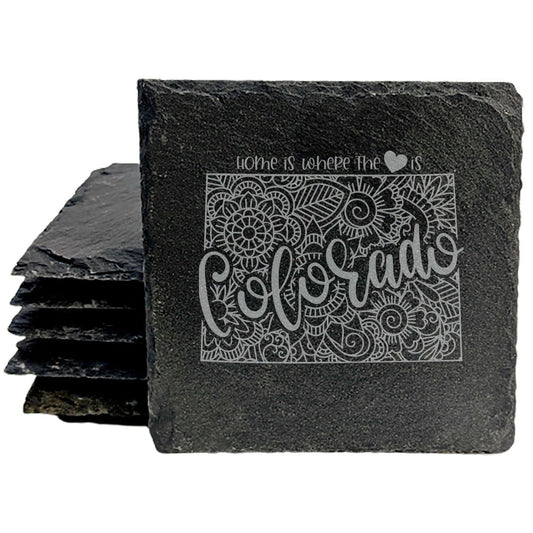 Rustic Slate Coasters Set of 4, Round 4" with Colorado Mandala Design, 'Home is Where the Heart Is' Quote, Perfect for Holidays, Birthdays, Housewarming, She-Shed, Man Cave, Made in Oregon, USA