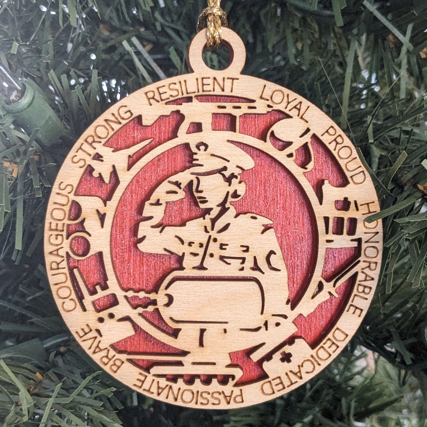 Female Soldier Honor - USMC 3" Wooden Ornament, Personalized Dog Tags, Laser Engraved Marine Symbols, USA Handmade