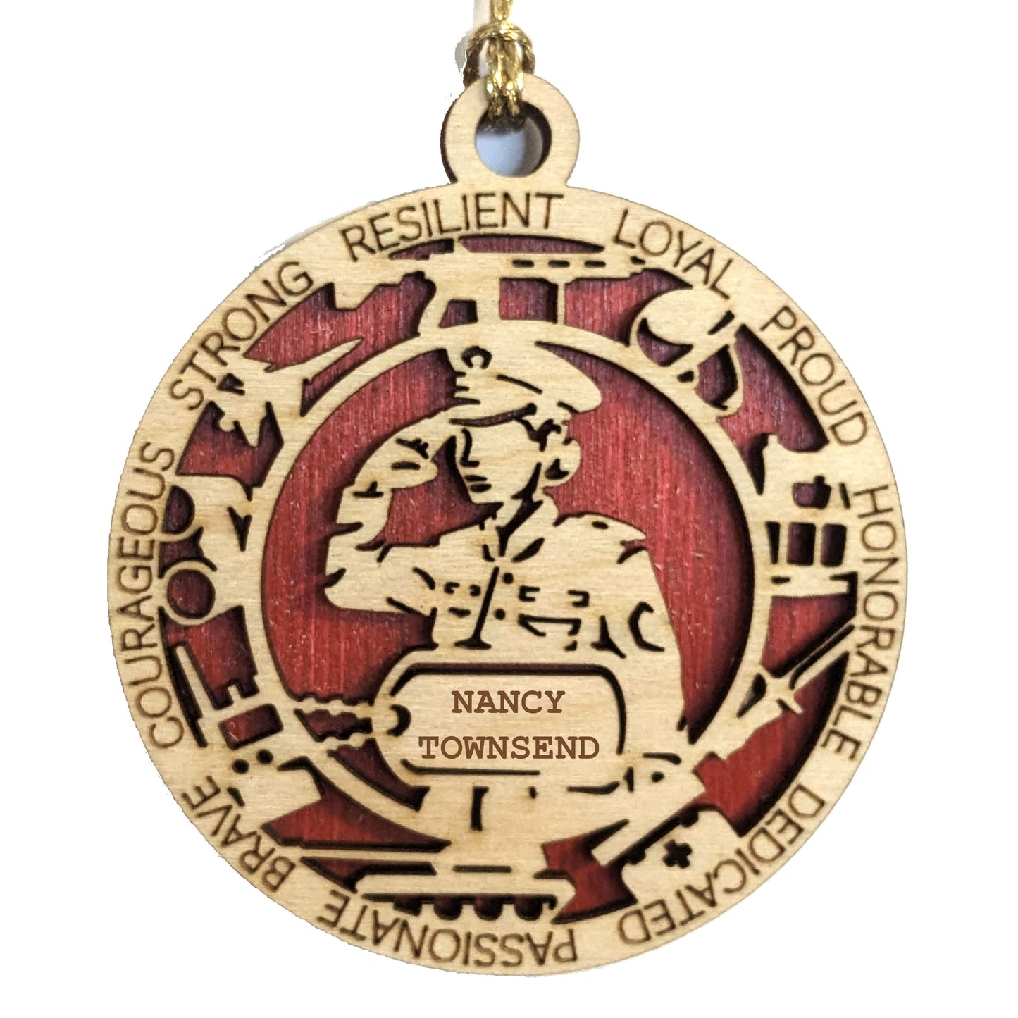 Female Soldier Honor - USMC 3" Wooden Ornament, Personalized Dog Tags, Laser Engraved Marine Symbols, USA Handmade