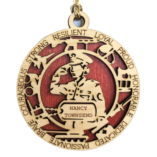 Female Soldier Honor - USMC 3" Wooden Ornament, Personalized Dog Tags, Laser Engraved Marine Symbols, USA Handmade