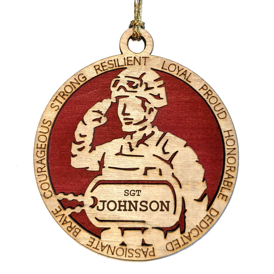 Male Marine Soldier Christmas Ornament - Personalized Wood Dog Tags, Military Gift for Brave Men