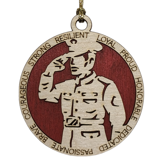 Handcrafted Male Marine Soldier Christmas Ornament - 3" Wood, 2-Layer, Laser Cut, Patriotic Military Hero Gift for Men